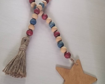 Patriotic Wood Bead Garland, Rustic Farmhouse Decor, Wood Star Tassel