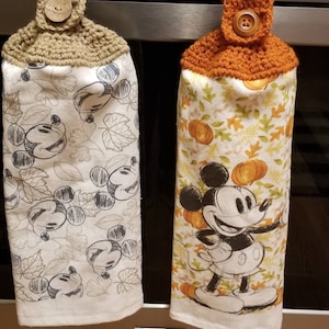 Disney fall towel, kitchen towel with crocheted top, hanging towel, Mickey mouse towel, fall Mickey mouse decor, crocheted towel