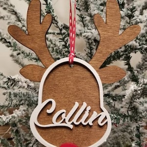 Personalized kids reindeer ornament, rudolph ornament, wood ornament