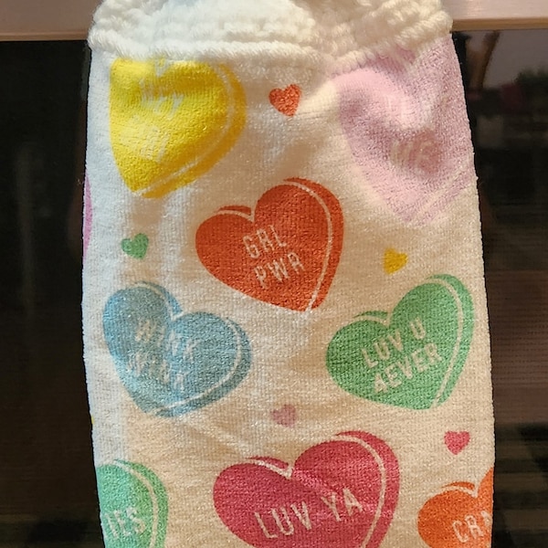 Valentine towel with crocheted top kitchen tea towel, conversation hearts towel