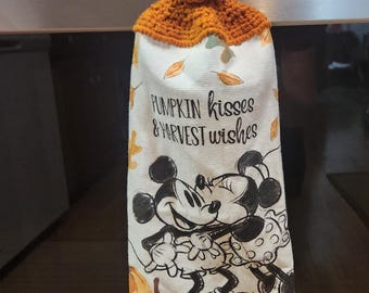 Disney Fall Kitchen Towel, Mickey and Minnie, Crocheted Hanging Towel