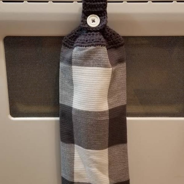 Hanging Kitchen towel with crocheted top. Buffalo check hanging kitchen towel. Grey and white check towel