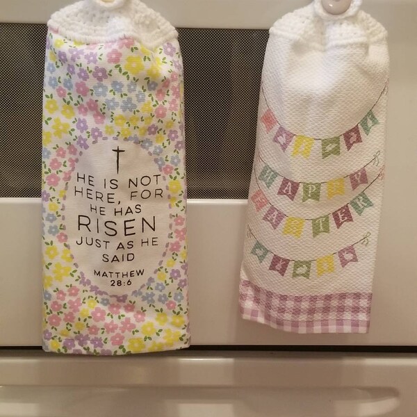 Easter hanging kitchen towel, crocheted top towel for Easter, He is Risen towel, or Easter banner gingham towel