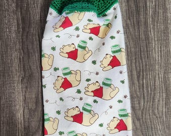 Winnie the Pooh St Patricks day kitchen towel, Disney shamrocks honey pot hanging towel, yarn topper towel, crocheted top towel