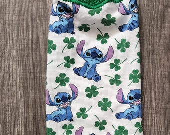 Stitch St Patricks day kitchen towel, Disney shamrocks Stitch hanging towel, yarn topper towel, crocheted top towel