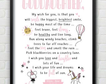 Goddaughter Nursery Baby Girl Pink & Glitter Effect Wall Print With Unicorn - Can personalise for a niece, daughter, granddaughter