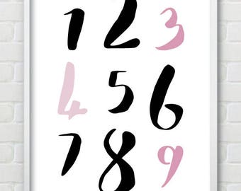 Mono & Pink Counting Numbers Wall Print / Colours Can Be Amended