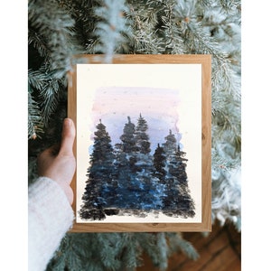 Night sky forest watercolor painting, original art, made by hand, home gift, kids room, recycled paper, home decor, tree wall art decor