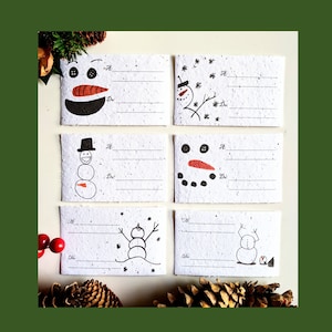 Étiquettes de cadeau de Noël plantables avec le dessin festif de bonhomme de neige, étiquette de cadeau de six vacances, étiquette de nom, étiquette de cadeau de fleur sauvage