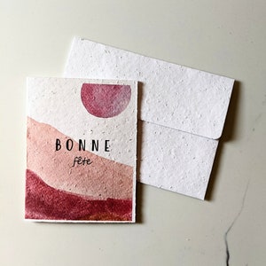Enveloppe de carte à planter, graines de fleurs sauvages, carte d'anniversaire, coucher de soleil aquarelle montagne désert sur papier graine blanc, carte de voeux de joyeux anniversaire