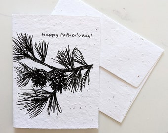 Father's day card, pine tree with pine cones on plantable paper or watercolor white paper, worn out borders, Happy father's day