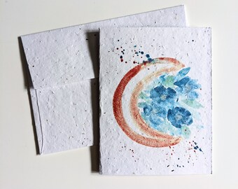 Plantable card envelope wild flower seeds, watercolor waning crescent moon flowers on white seed paper, birthday, thank you card, no text