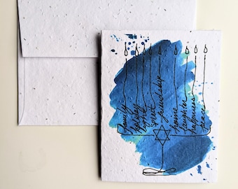 Happy Hanukah on plantable seed paper or watercolor white paper, plantable seed paper, family words and values