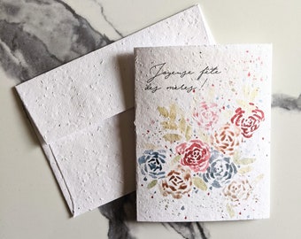 Plantable card envelope wild flower seeds, happy mothers day card, watercolor rose flowers on white seed paper, thank you card