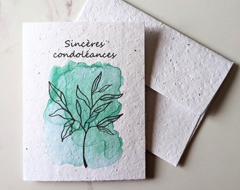 Sympathy card, Condolences card, watercolor leafs on plantable seed paper or watercolor white paper, wild flower seed paper