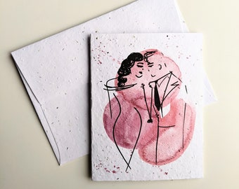 Romantic couple head to head on plantable seed paper or watercolor white paper, valentine's day card, wedding card, anniversary