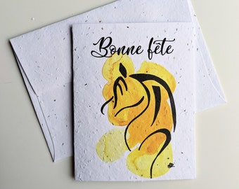 Happy birthday minimalist horse on plantable seed paper or watercolor white paper, yellow watercolor