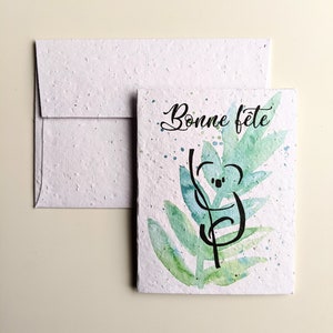 Feuille d’aquarelle d’anniversaire avec koala sur papier de semence plantable ou papier blanc aquarelle, joyeux anniversaire, amitié, carte de koala
