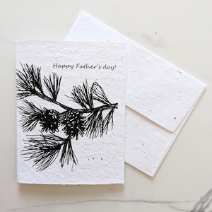 Carte de fête des pères, pin avec pommes de pin sur papier plantable ou papier blanc aquarelle, bordures usées, Bonne fête des pères