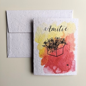 Carte de l'amitié, boîte à fleurs aquarelle rose orange sur papier pour graines à planter ou papier blanc aquarelle, carte de remerciement