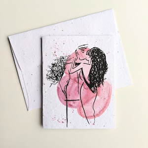 Couple romantique s'embrassant avec un bouquet de fleurs sur du papier pour graines ou du papier blanc aquarelle, une carte de Saint-Valentin, une carte de mariage