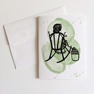 Carte de voeux, tricot dame, grand-mère aquarelle verte tricotant sur papier de graines à planter ou papier blanc aquarelle, amitié, anniversaire