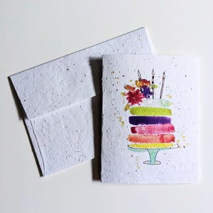 Plantable card envelope wild flower seeds, watercolor birthday cake on white seed paper, birthday card, thank you card, no text card