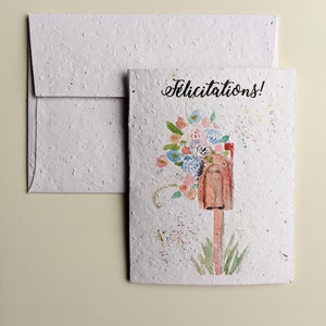 Félicitations, boîte aux lettres de fleurs aquarelle sur papier de graines plantables ou papier blanc aquarelle, nouvelle maison, carte de pendaison de crémaillère