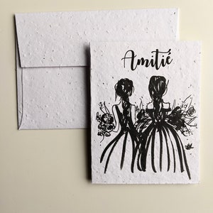 Carte d'amitié, filles avec des bouquets de fleurs sur du papier pour graines à planter ou du papier blanc aquarelle, carte de remerciement, carte d'amitié