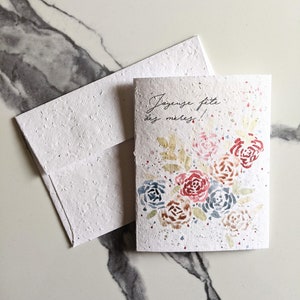 Enveloppe de carte plantable graines de fleurs sauvages, carte de fête des mères heureuse, fleurs roses aquarelles sur papier de graines blanc, carte de remerciement