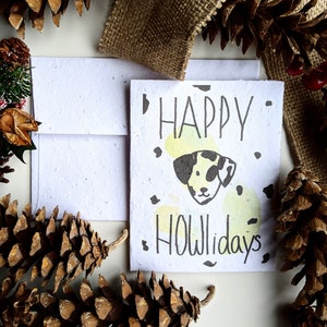 Enveloppe de carte de Noël à planter, graines de fleurs sauvages, aquarelle avec jeu de mots pour chien joyeux anniversaire sur papier de graines de fleurs sauvages blanc, joyeuses fêtes