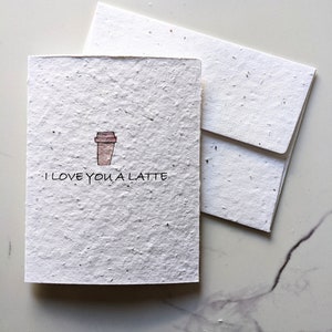 Café aquarelle sur papier de graines à planter ou papier blanc aquarelle, je t'aime un café au lait, carte de Saint-Valentin d'amour, jeu de mots drôle de café au lait