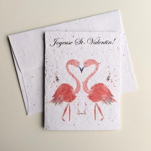Couple de flamants roses romantiques sur papier graine plantable ou papier blanc aquarelle, carte de Saint-Valentin, carte de mariage, anniversaire