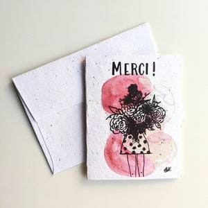 Merci sur papier graine plantable ou papier blanc aquarelle, bouquet de fleurs fille en robe