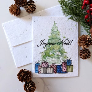 Árbol de Navidad con regalos en papel de semilla plantable o papel blanco de acuarela, tarjeta navideña navideña