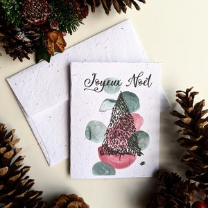 Enveloppe de carte de Noël à planter, graines de fleurs sauvages, arbre de Noël aquarelle sur papier de graines de fleurs sauvages blanc, joyeux Noël