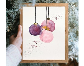 Christmas ornaments watercolor painting, original art, made by hand, recycled paper, home decor, holiday wall art decor, christmas gift