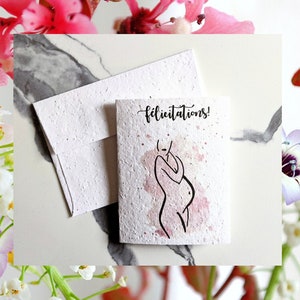 Enveloppe de carte plantable graines de fleurs sauvages, carte de félicitations, fleur pastel aquarelle avec femmes enceintes sur papier graine blanc, carte bébé
