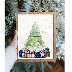 Christmas tree with gifts watercolor painting, original art, made by hand, gift, recycled paper, home decor, Christmas day gift wall ecor