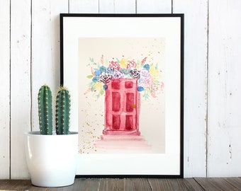 Red front door watercolor painting, original art, made by hand, home gift, housewarming gift, recycled paper, home decor, flower door