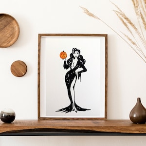 Witch with pumpkin magical illustration, black marker drawing on watercolor paper, home decor art, original art, made by hand, Halloween art