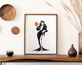 Sorcière avec illustration magique de citrouille, dessin au marqueur noir sur papier aquarelle, art de la décoration intérieure, art original, fait à la main, art d'Halloween