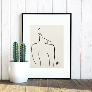 Schwarze Marker Zeichnung von nackten Frauen die zurück blicken, auf perle weissem Papier, Kunstwerk, Dekor Kunst, Geschenk Idee, Wand Kunst, Design, Natur, Inspiration