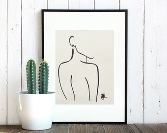 Black marker drawing of naked women looking back, on perle white paper, art piece, decor art, gift idea, wall art, design, nature, inspire