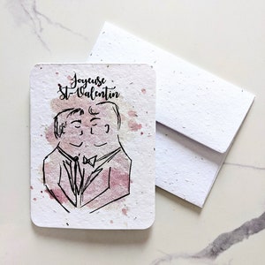 Romantic men couple on plantable seed paper or watercolor white paper, gay couple, wedding card, anniversary, pink watercolor card