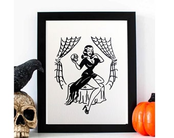 Lounging Witch with skull magical illustration, black marker drawing on watercolor paper, home decor art, made by hand, Halloween art