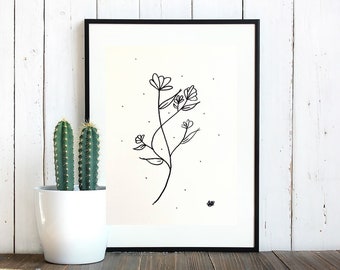 Spring flowers, Black marker drawing of flowers with dots on watercolor paper, art piece, decor art, gift idea, birthday gift