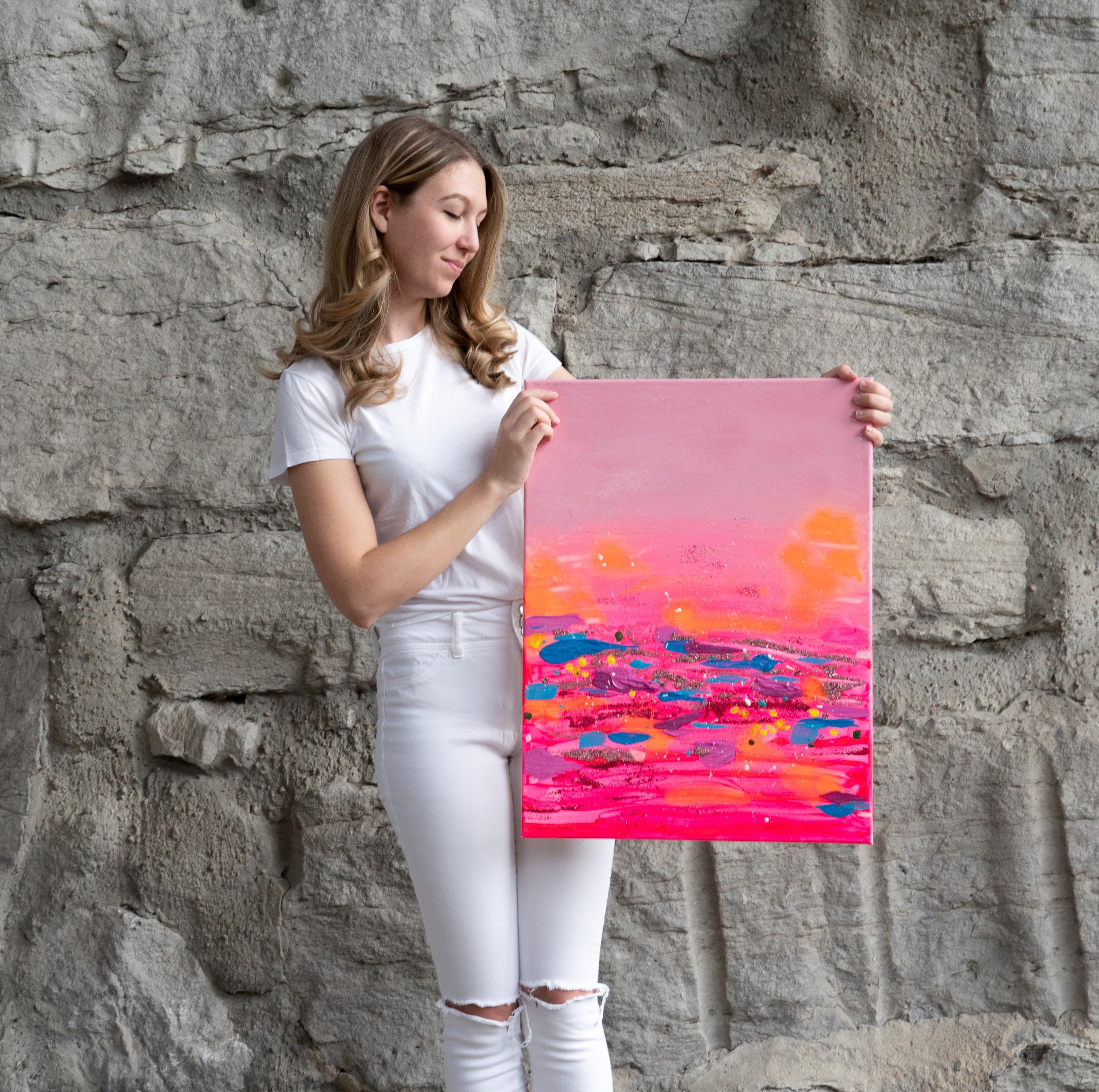 抽象的なアクリル画、ピンク、オレンジ、青、紫、黄色