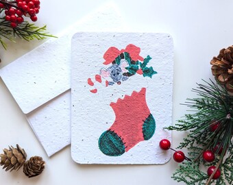 Christmas stocking with mouse on plantable paper or watercolor white paper, worn out borders