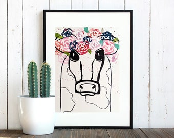 Watercolor painting of cow flower crown, wall art, decor, original poster art, kids room decor, birthday gift, farm animal art